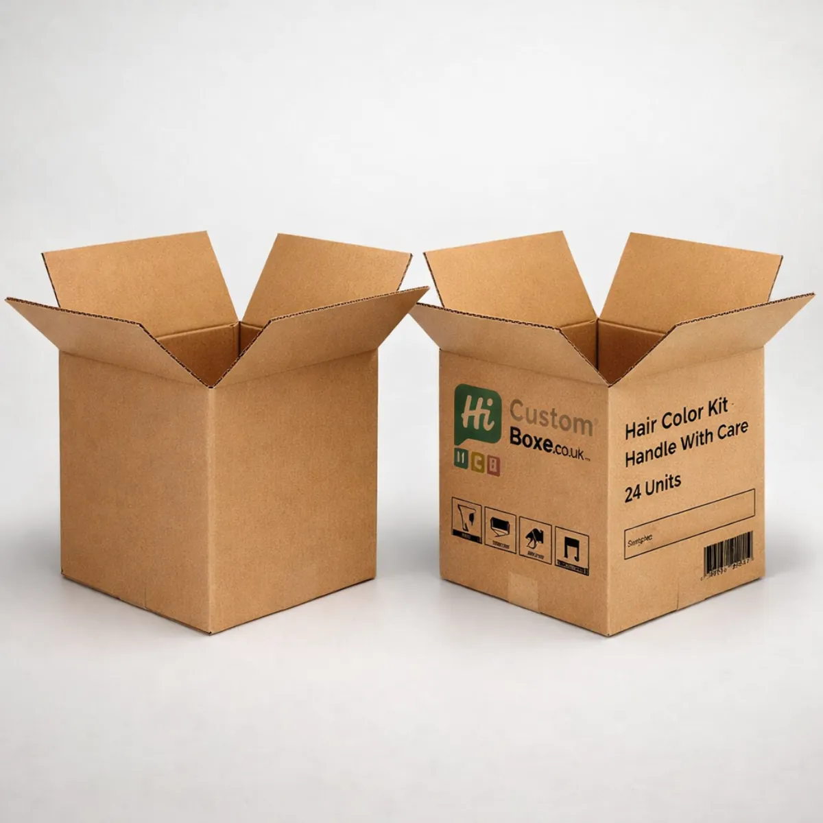 Two large brown corrugated shipping cartons, one plain and one printed with 